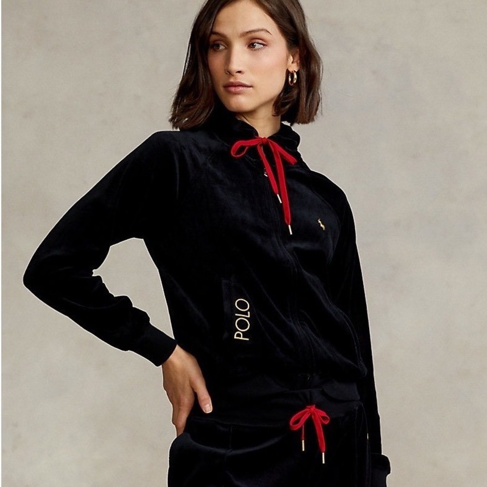 Polo Ralph Lauren Womens Black Velour Full Zip Hoodie Gold Pony Logo Size Small - Picture 2 of 8